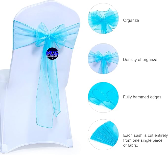 MDS® Pack of 200 Organza Chair Sashes for Wedding Decoration, Reusable Sheer Chair Bows for Banquet Chair Cover, Reception, Bridal Shower, Baby Shower, Birthday Party & Special Events - Turquoise