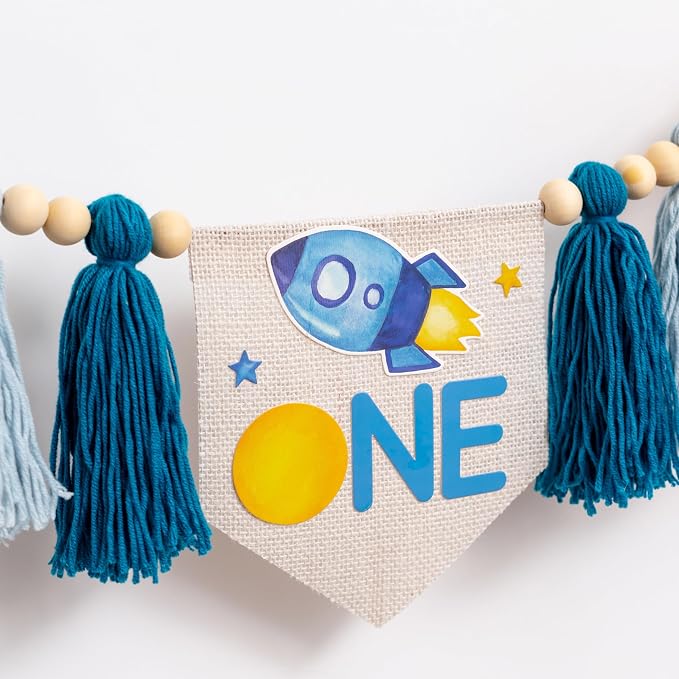 Gostman Outer Space ONE Decoration Set | First Trip Around The Sun Birthday Party Decorations,Space Themed First Birthday Highchair Banner and Sun One Crown