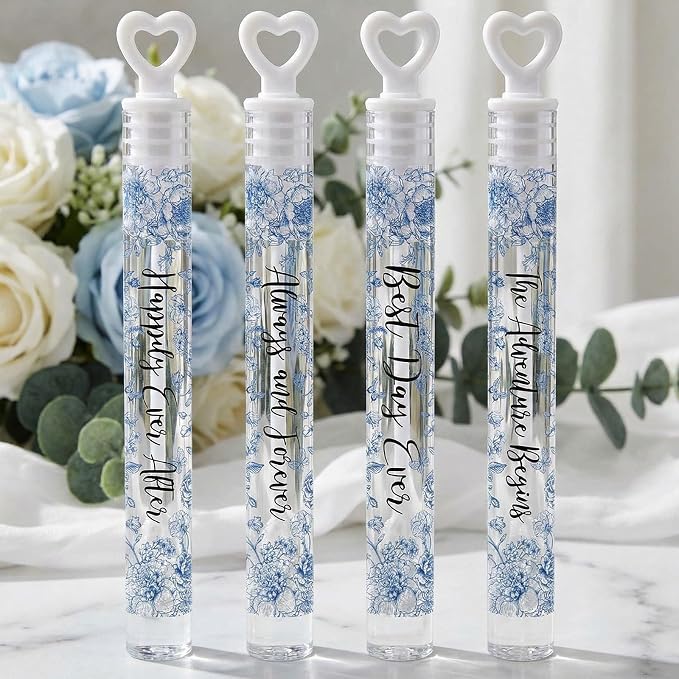 Hollowfly 120 Pack Blue Flower Wedding Mini Bubble Wands for a Wedding Bulk White Heart Bubble for Guests Send Off Wand Adults Bridal Exit Shower Party Supplies Valentine Anniversaries Celebration