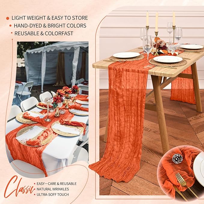 10 Pack Orange Cheesecloth Table Runner 10FT Boho Gauze Cheese Cloth Table Runners Romantic Rustic Sheer Table Decorations for Wedding Party Baby Shower Birthday Holiday Home