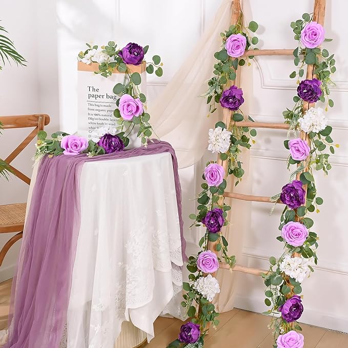 Livole 2Pcs 6 FT Artificial Flower Garland Fake Purple Rose Peony Floral Garland with Eucalyptus Flower Hanging Vine for Wedding Arch Table Centerpieces Backdrop Party Home Decorations
