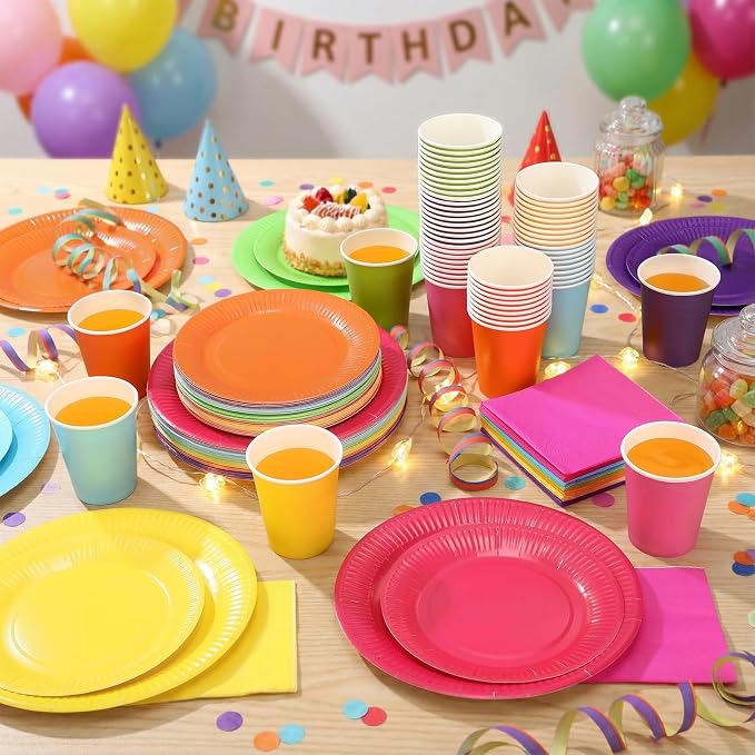 Geosar 240 Pieces Rainbow Party Tableware 60 Set Colorful Paper Plates and Napkins 9oz Paper Cups Complete Pack Disposable Dinnerware Set for Rainbow Birthday Party Decorations Supplies (Rich Color)