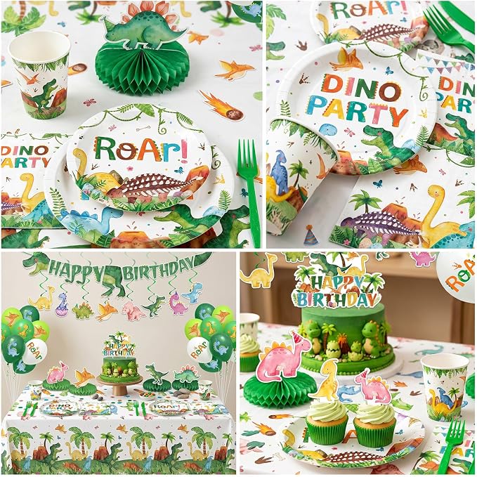 210 Pcs Dinosaur Birthday Party Decorations Serves 24 ，Dino Roar Party Supplies with Banner Hanging Plates Napkins Cups Forks Knives Tablecloth Topper Balloons for Boy Party