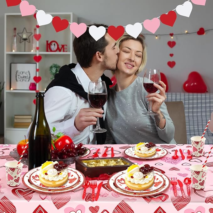 Valentines Day Party Supplies Set for 24, Valentine's Day Plates and Napkins Valentines Tablecloth Cups Valentine Disposable Dinnerware for Valentine's Days Party Decorations