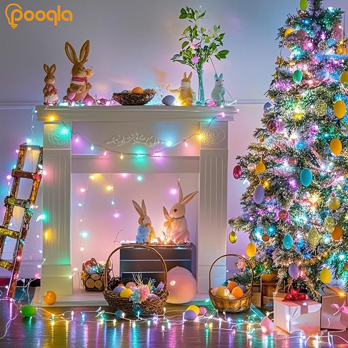 Pooqla 4 Pack String Lights Battery Operated, Total 66.6ft 200 LED Fairy Lights Indoor Outdoor Decorations, 8 Modes Battery Colorful Pastel Easter Lights for Bedroom Classroom Porch Party Yard Decor