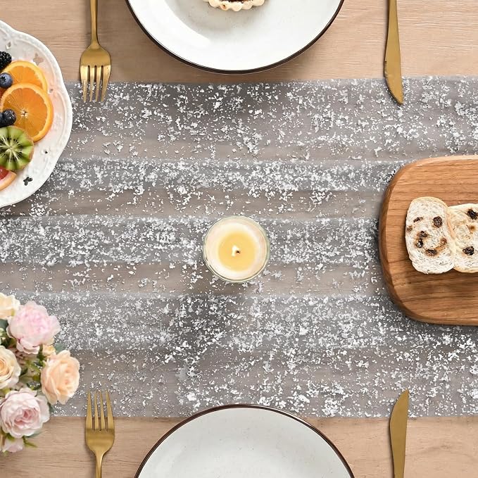 Artoid Mode 3PC Grey Gold Gauze Table Runner 120 Inch 10FT, Glitter Metallic Foil Sheer Dining Wedding Anniversary Holiday Birthday Table Decor for Home Party