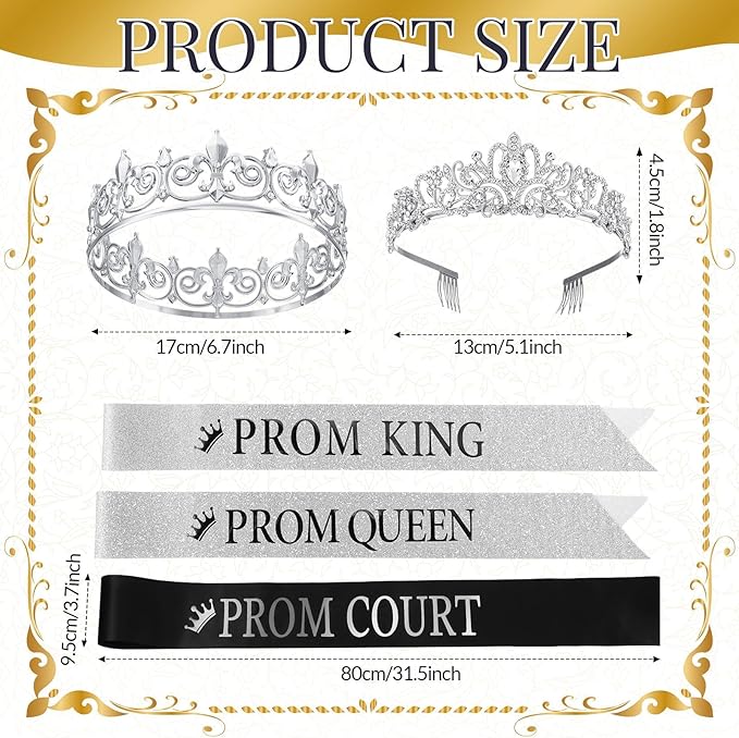 Saintrygo 12 Pcs Prom Crown and Sash Set, Prom King and Queen Tiara Rhinestone Crown Glitter Court Royal Satin Sash for 2026 Graduation Ball Dance Night Party Birthday Accessory(Silver,Stylish)
