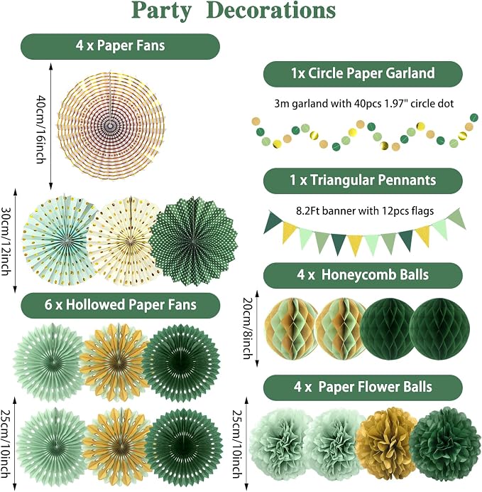 Sage Green Gold Party Decorations, Paper Fans Honeycomb Balls Circle Garlands for Graduation, Boho Gender Neutral Baby Shower, Olive Woodland Birthday, Bridal Shower Party Supplies, 20Pcs