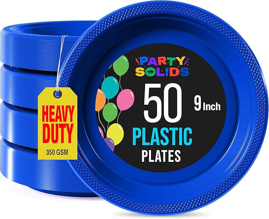 Exquisite Party Solids Dark Blue Plastic Plates For Party Supplies 9" Dark Blue Disposable Plates Heavy Duty 50 Pcs Plastic Dinnerware Sets Heavy Duty 350 GSM Disposable Dinnerware Set