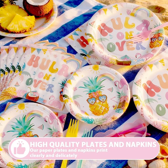 96Pcs Summer Birthday Party Supplies Pool Paper Plates Napkins and Forks Hawaii Party Decorations Hula on Over Dinnerware Favor for Men or Women Tableware Serves 24