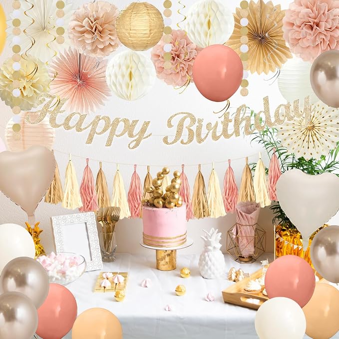 56 Pcs Champagne-Gold Beige Boho Birthday Decorations for Women Girls, Happy Birthday Banner, Cream Neutral Balloons, Tassel Garland, Peach Paper Lanterns, Tissue Pom Poms Fan, Rustic Backdrop Decor