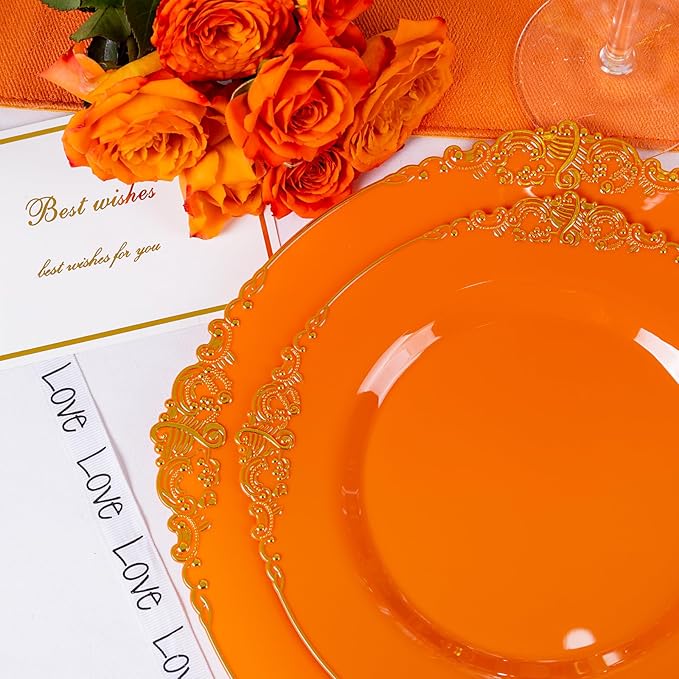 102PCS Orange Plastic Plates - Orange and Gold Disposable Plates - Party Plate with Gold Rim - Vintage Disposable Plate Serving for 51Guests for Party & Wedding