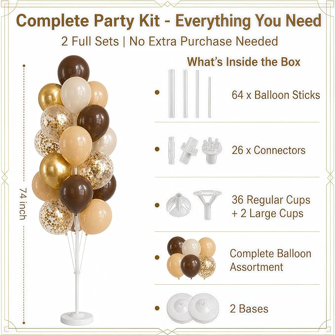 Hiins Balloon Column Kit Set of 2 With Balloons Included - with Base,Pole,Balloon Tower Backdrop Decoration for Wedding, Baby Shower,Birthday Party,Bachelorette Parties (3xCoffee Brown Gold)