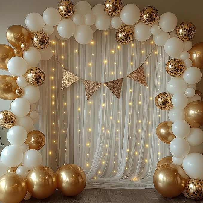 White Tulle Backdrop Curtain with Lights String 10x8ft Sheer Drapes for Wedding, Birthday, Baby Shower, Bridal Shower, Photo Booth, Party, Home Decor (2 Panels, White)