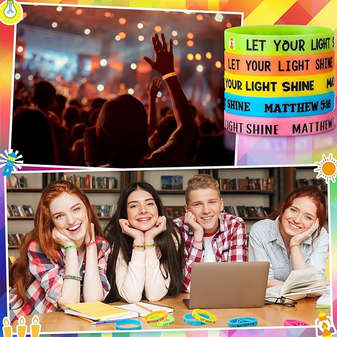 100 Pcs Let Your Light Shine Bracelet Christian Glow in the Dark Wristband, MATTHEW 5: 16 Silicone Wristband Halloween Trunk Or Treat Bible Verse Bulk for Church Sunday School Party Favors