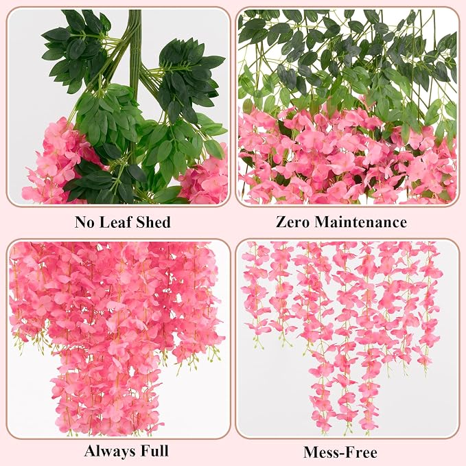 U'Artlines 24 Pack (Total 86.4 Feet) Artificial Fake Wisteria Vine Rattan Hanging Garland Silk Flowers String Home Party Wedding Decor (24, Fuchsia)