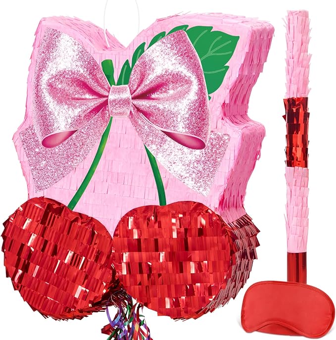WERNNSAI Cherry Piñata - Pink Bow Party Decorations Cherry Bow piñata with Blindfold and Stick for Girls Coquette Birthday Decorations Princess Bridal Shower Bachelorette Wedding Supplies
