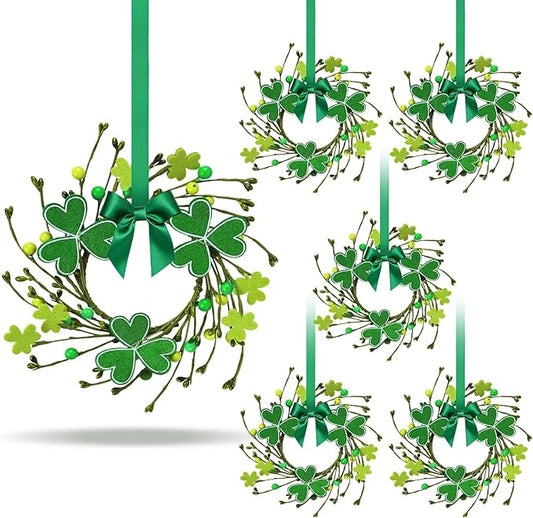 6 PCS Mini St. Patrick's Day Glitter Shamrocks Kitchen Cabinet Wreaths Small St. Patrick's Day Wreath for Front Door with Ribbon Spring Lucky Green Irish Clover Berry Wreath for Porch Wall Window