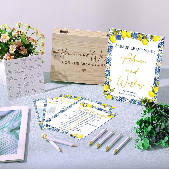 Silipull Bridal Shower Games Set for 50 Guests Includes Bingo, He Said She Said, Scramble, Would She Rather, Advice and Wishes Wedding Games Double Sided with Wooden Box, 20 Pencils (Lemon)