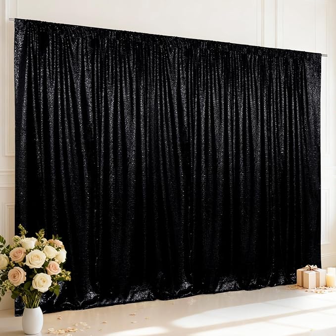 SquarePie 10x10ft Black Sequin Backdrop for Photography, Satin-Backed Real Sequin Curtain, Enhanced Coverage Shimmering Background with 4" Rod Pocket for Wedding, Birthday, Party Decor, 1 Panel