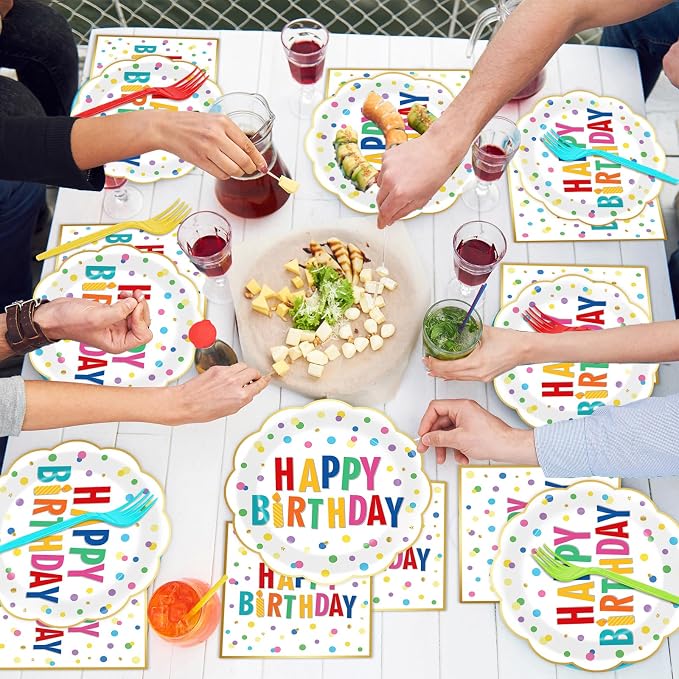 96PCS Polka Dot Plates Tableware Set Supplies Happy Birthday Cake Dessert Scalloped Paper Plates Napkins Tableware Set Polka Dot Theme Colorful Birthday Plate Dinnerware Decoration for 24 Guests
