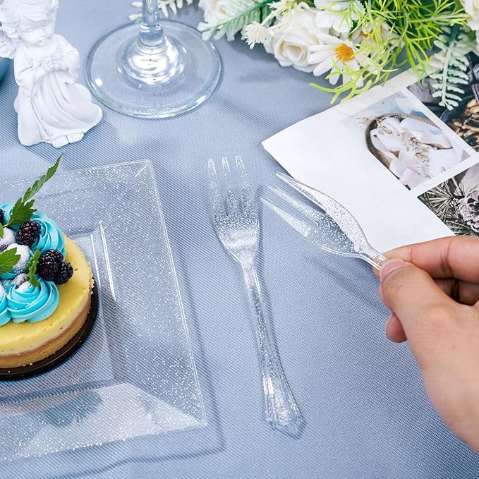 DaYammi 100Pcs Dessert Plates Set Including 50Pcs Cake Plates 6",50Pcs Plastic Forks 5.7",Silver Glitter Square Plastic plates for Party,Silver Appetizer plates and Forks for Wedding Party Birthday