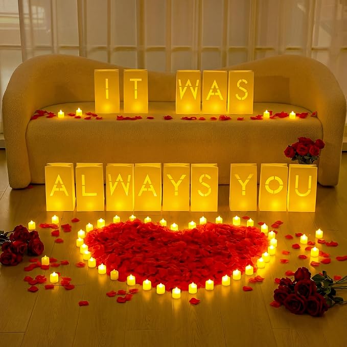 Aurelema 6086 Pcs It was Always You Light up Letters with LED Flameless Tealight Candle Red Rose Petal Letter Luminary Paper Bag for Valentine's Day Decoration Proposal Romantic Special Night Decor