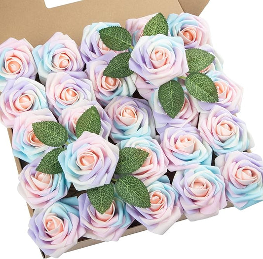 DuHouse 25Pcs Artificial Roses Flowers Fake Roses with Stems Real Touch Foam Flowers for DIY Wedding Bouquet Party Centerpiece Floral Arrangement Party Home Decor(Whimsical Blush)