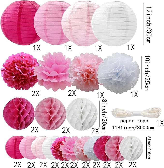 WOLHOWLTD Rosy Pink White Paper Decoration Set - 38 Pcs Paper Lanterns, Pompoms, Honeycomb for Wedding,Engagement,Bachelorette,Baby Shower,Valentine's,Home Decoration (Rosy Pink White)