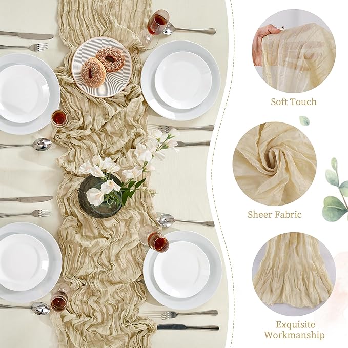 6 Pack Beige Mother’s Day Cheesecloth Table Runner 10FT Long Easter Spring Boho Gauze Table Runner Rustic Sheer Runner for Wedding Bridal Baby Shower Birthday Party Table Decor Home Easter Decor