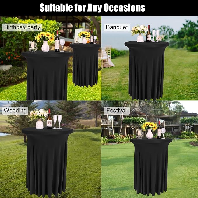 Fivenl 6 Pack Round Cocktail Tablecloth 32"x 43" Spandex Cocktail Table Skirt, Washable Stretch Fitted Table Covers for High Top Bar,Wedding,Party,Events (Black)