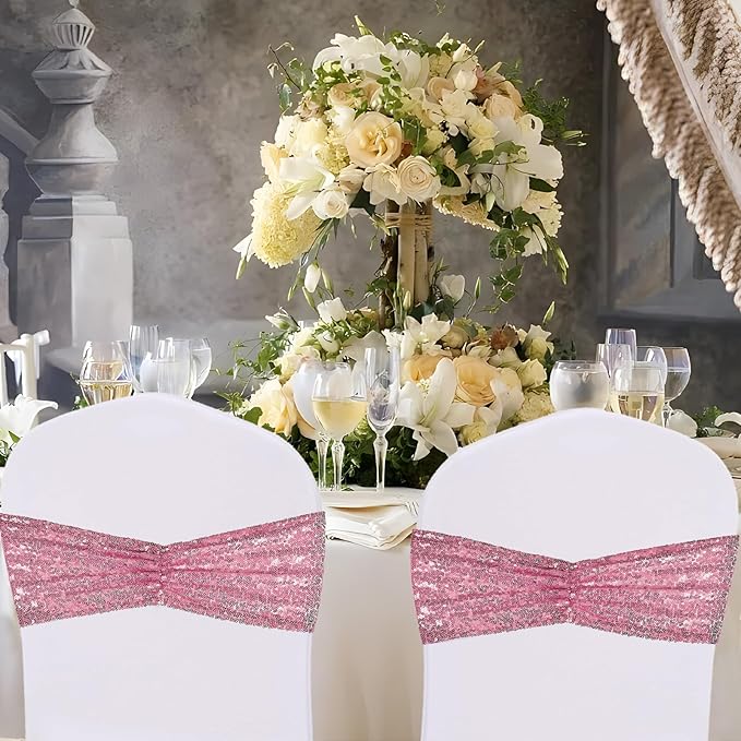 SquarePie 50 Pcs Sequin Chair Sashes Fuchsia Pink Sparkly Sequin Sashes Bands for Wedding Party Festive Chair Cover Decor