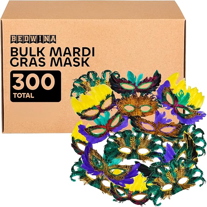 Bedwina Bulk Mardi Gras Masks 12/50/300Pcs - Carnival Masquerade for Women, Men, Kids Party Costume, Mardi Gras Decorations