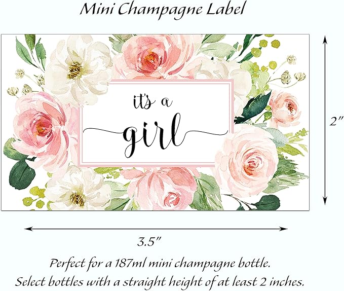 It’s a Girl Mini Champagne Bottle Labels ● SET of 12 ● Pink Baby Shower Mini Champagne Label, About to POP Thank You for Celebrating with us Favors Stickers Gender Reveal WATERPROOF (Blooms)