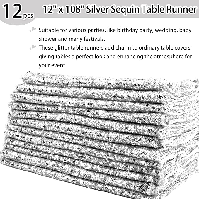 12 Packs 12 X 108 Inch Silver Sequin Table Runner Glitter Dining Table Runner for Birthday Wedding Engagement Bridal Baby Shower Bachelorette Holiday Celebration Party Supplies Decorations (Silver)