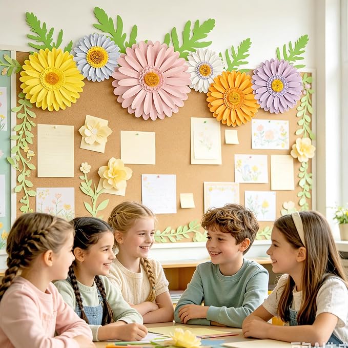 SUNBEAUTY Daisy Party Decorations, Paper Flowers, Flower Wall, Purple Yellow Flowers Wall Hanging, 1st Birthday Bridal Baby Shower Wedding Classroom Tea Party Daisy Décor 10" 7" 5" Pack of 12