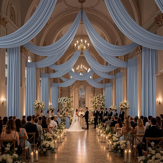 10 Panels 5x40ft Dusty Blue Ceiling Drapes for Wedding Parties, Wrinkle Free Thick Polyester 40ft Extra Long Wedding Draping Ceiling Curtains Arch Drapery for Birthday Party Canopy Tent Decor