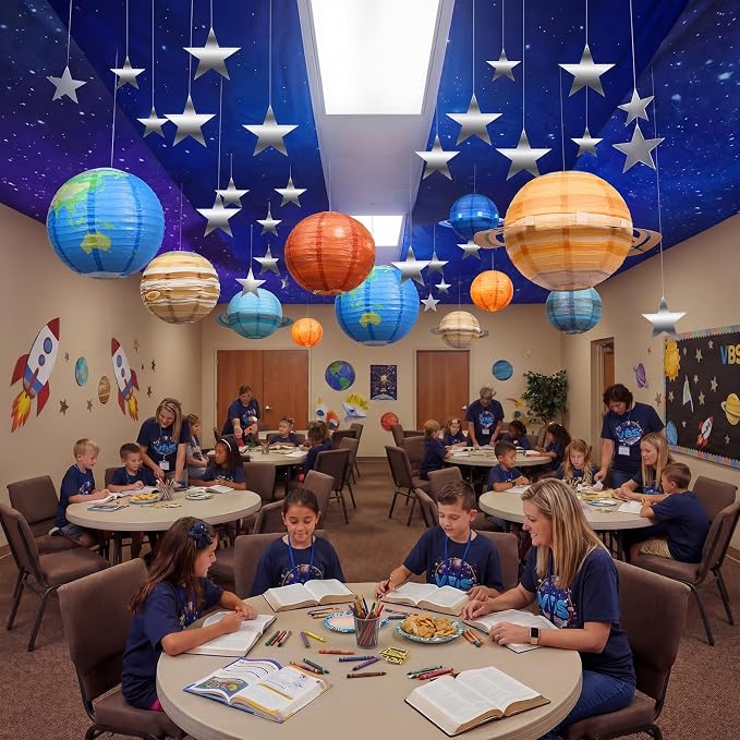 45 Pcs 2026 Space Celing Decoration for Classroom 24" x 13ft Galaxy Hanging Backdrop, Star Hanging Ornament, Solar System Paper Lanterns, Hooks for Kids Birthday VBS School Party Decor