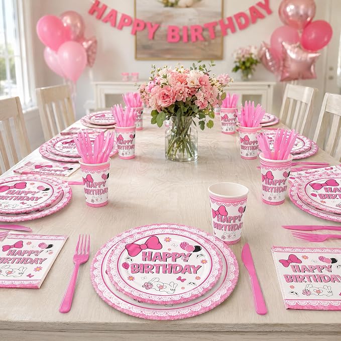 120pcs Pink Bow Mouse Plates Napkins Cartoon Birthday Party Supplies Disposable Paper Cups Pink Forks Tableware Set for Birthday Party Decorations 20 Guests