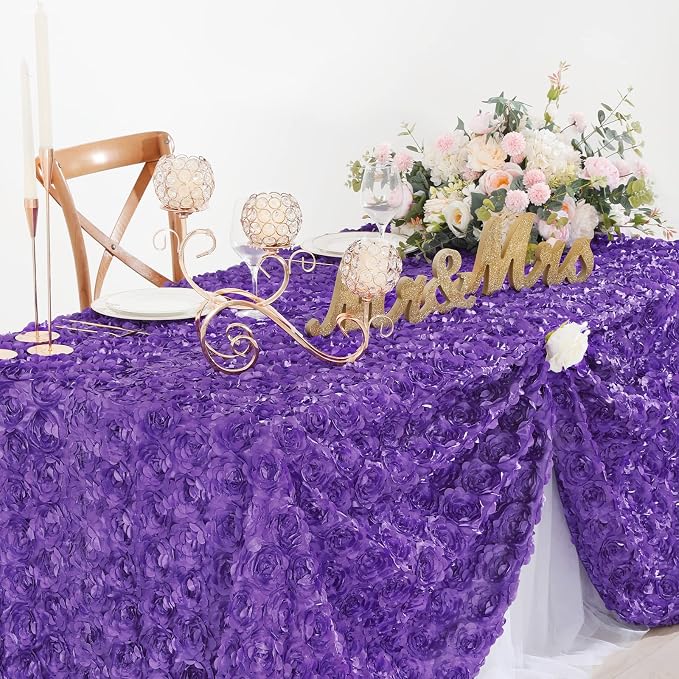 Fanqisi Purple Tablecloth 90x156 Inches Rosette Satin Tablecloth Birthday Party Table Cover Bridal Shower Table Decor Halloween Decorations