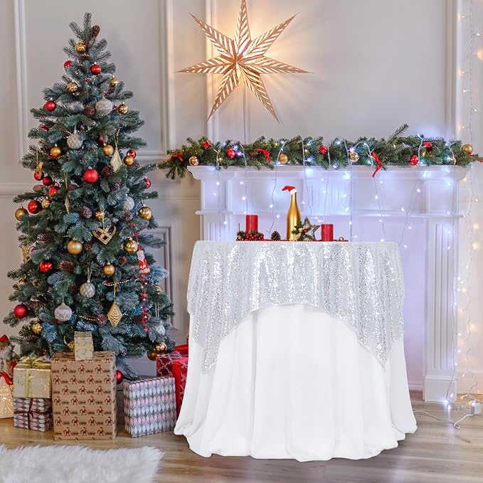Poise3EHome Silver Sequin Tablecloth 50×50 Inch Square Sequin Fabric Table Cover Overlay for Christmas Baby Shower Birthday Party Wedding Holiday Cake Table Decoration
