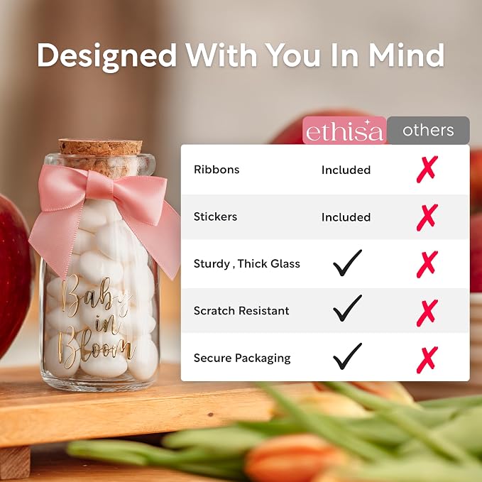 Ethisa Vintage 24 Pack Baby in Bloom Milk Glass Bottles with Ribbons and Stickers - Classy Baby Shower Favors for Guests and Table Centerpieces - Dusty Pink Floral Decorations and Candy Jar Keepsakes