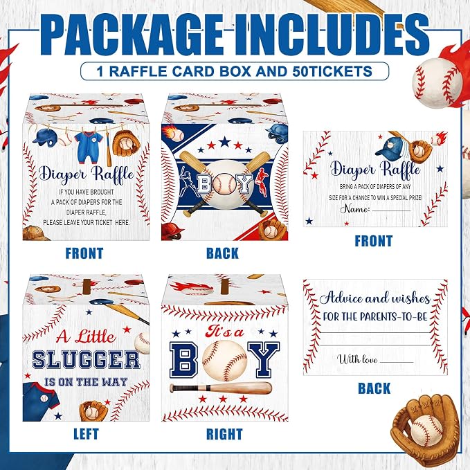 Teling 51 Pieces Diaper Raffle Tickets with Card Box Baby Shower Decorations Gender Reveal Holder Box for Girl Boy Diaper Raffle Party (Baseball, A Little Slugger is on the Way)