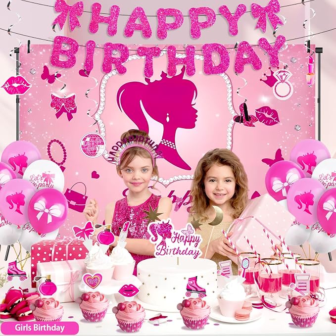 Hot Pink Birthday Party Decorations Supplies, Pink Glitter Happy Birthday Banner, Backdrop, Balloons, Hanging Swirls, Sash, Headband, Cake & Cupcake Toppers for Kids Girls and Women