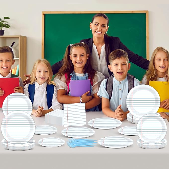 96Pcs Back to School Party Decorations Paper Handwriting Notebook Tableware First Day of School Plates Napkins Graduate Party Supplies for Kindergarten Teacher School Season Supply Serves 24 Guests