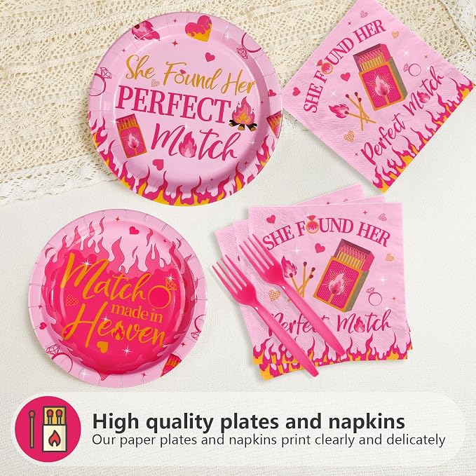 96Pcs Perfect Match Bachelorette Party Supplies She Found Her Perfect Match Plates and Napkins Hot Pink Matches Tableware Set for Bridal Shower Bachelorette Engagement Party Decor Serves 24