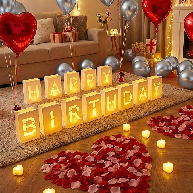 Happy Birthday Decorations, Happy Birthday Decoration for Men Women, Happy Birthday Light up Sign with 48pcs Tea Candles, 20pcs Latex Balloons, 10pcs Aluminum Balloons, 2000pcs Rose Petals