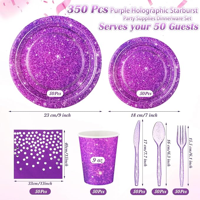 Hushee 350 Pcs 50 Guests Purple Paper Party Plates and Cups Napkins Sets Holographic Glitter Disposable Dinnerware Plastic Forks Knives Spoons Birthday Bachelorette Wedding Party Supplies