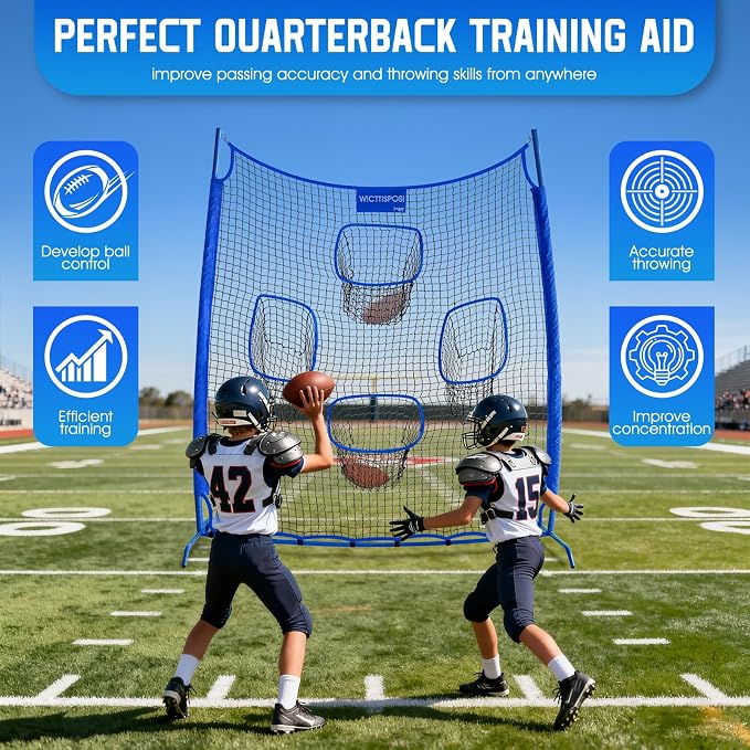 Football Throwing Net, Upgrade Heavy Duty Metal Frame Quarterback Training Equipment Throwing Machine with 1-4 Targets, Easy Setup Football Target Practice with CarryBag, Allweather Indoor Outdoor Use