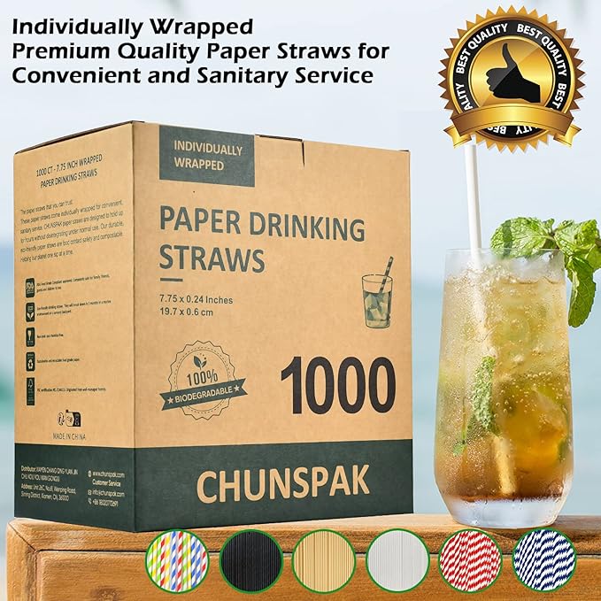 [1000 Counts] White Paper Straws Wrapped Individually for Drinking - 7.75" x0.24" - Restaurant Pack